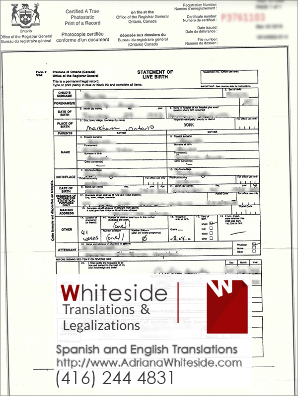 Ontario Long Form Birth Certificate Adriana Whiteside