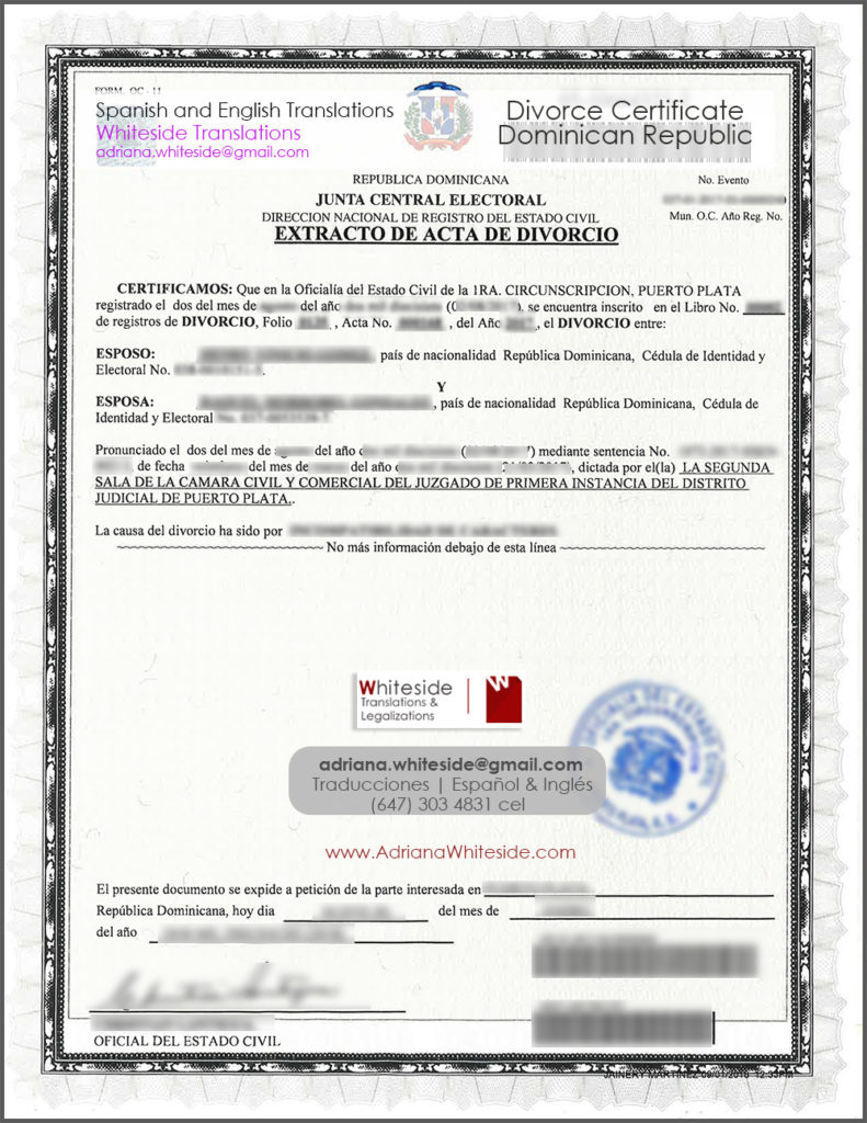 República Dominica - Certificado de DIVORCIO