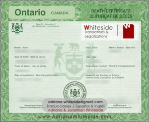 Death Certificate of Ontario - Spanish Translation
