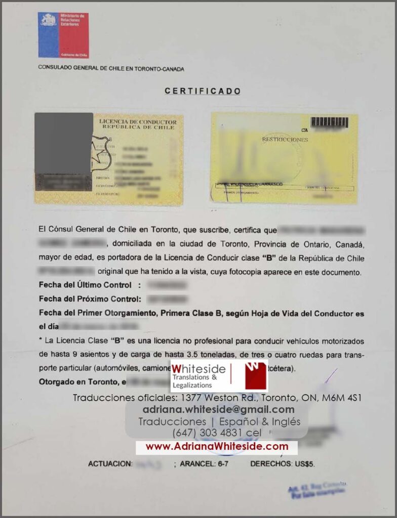 Historial de manejo de Chile - emitido por el consulado