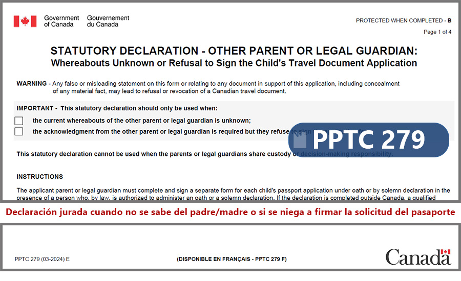 PPTC-279 STATUTORY DECLARATION - OTHER PARENT Whereabouts Unknown or Refusal to Sign the Child's Travel Document Application